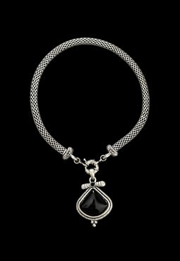 70's Vintage Silver Metal Woven Black Bead Ladies Necklace
