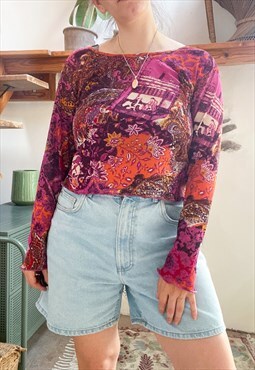 Vintage Y2K Mesh Print Sheer Long Sleeve Top - M