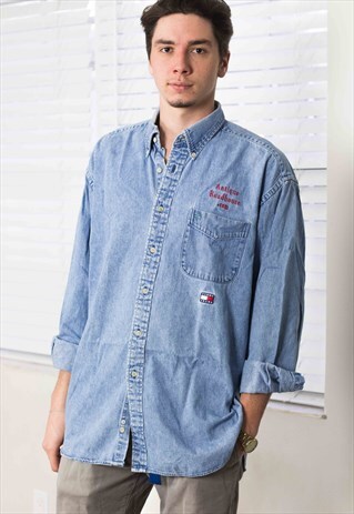 VINTAGE TOMMY HILFIGER DENIM SHIRT LOGO 90S L 20.3