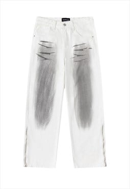 Oil wash jeans grunge side zipper denim pants in off white