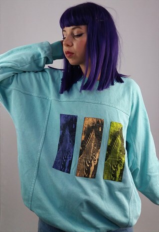 VINTAGE 80'S RETRO SWEATSHIRT ZEBRAS PRINT IN MINT GREEN