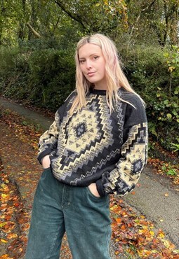 Vintage Chunky Knitted Patterned Grandad Abstract Jumper