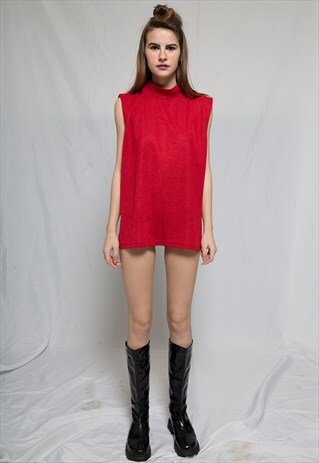 RED CREW NECK LUREX SLEEVELESS TOP