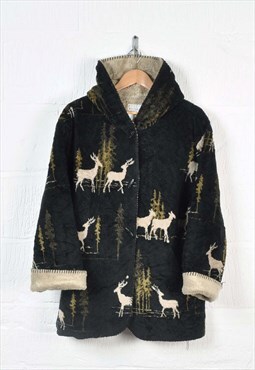 Vintage Fleece Hooded Jacket Stag Print Black Ladies XL