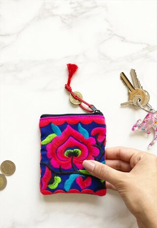 BLUE PINK FLORAL EMBROIDERED COIN WALLET CARD HOLDER PURSE