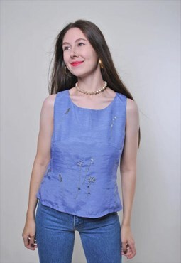 Vintage cute blue tank atop with flowers 