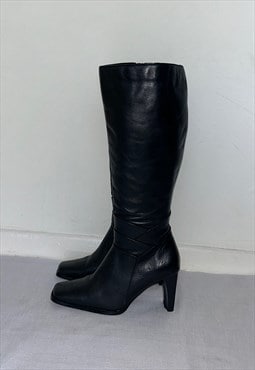 Black Leather 90s Square Toe Knee High Boots