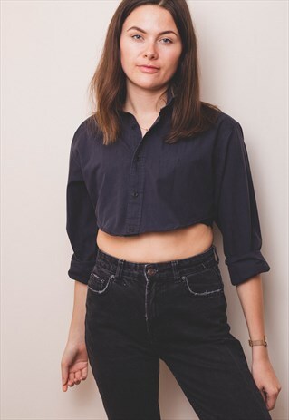 YSL BLACK ON BLACK CURVE HEM CROP SHIRT