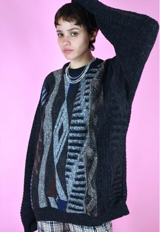 VINTAGE 90S KNIT JUMPER GRAPHIC PATTERN IN GREY BROWN BLUE