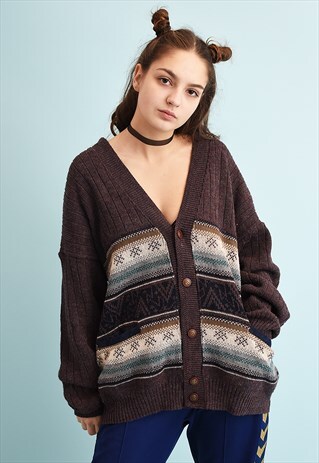 90'S RETRO FAIR ISLE PATTERN KNIT GRANDADS OVERSIZED CARDI