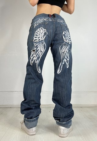 Vintage Y2k Jeans Angel Wings Print Low Rise Grunge Street