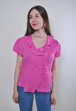 Ruffled collar women vintage pink cotton summer blouse 