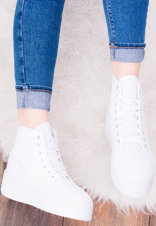 LACE UP FLAT HI TOP TRAINERS SHOES IN WHITE SYNTHETIC-AREZZO