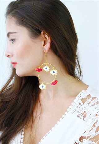 RED LIP EVIL EYE HOOP DROP DANGLE EARRINGS