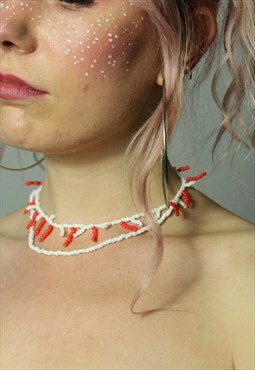 Reworked Handmade Red And White Necklace