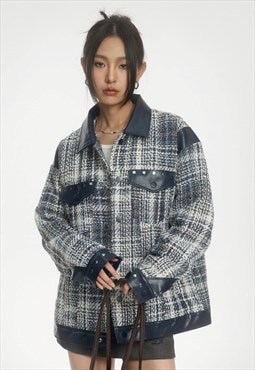 Plaid woolen jacket check pattern jean bomber in dark blue