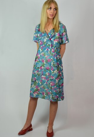VINTAGE 1950S BLUE PATTERN SUMMER MIDI DRESS