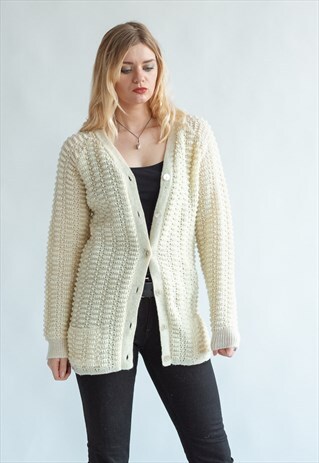 VINTAGE 80S FUNKY CREAM CARDIGAN WITH POCKETS