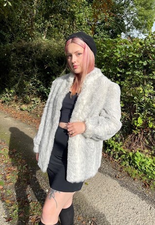 Vintage 90s Faux Fur Grey Pile Coat