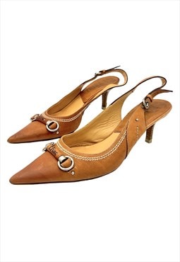 Christian Dior Heels Courts Pointed Toe Kitten Tan Leather 4