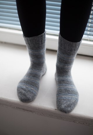 GREY STRIPED HANDMADE KNITTED WOOL SOCKS
