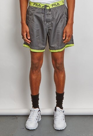 VINTAGE 90'S FILA LOGO GREY AND LIME GREEN SWIMMING SHORTS