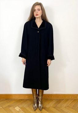 Vintage Black Wool Coat, Angora and Wool Long winter coat