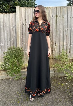 70's Vintage Black Short Sleeve Floral Maxi Dress