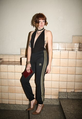 VINTAGE ADIDAS BLACK TRACK BOTTOMS WITH GOLD BRANDED STRIPES