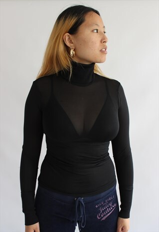 BLACK ROLL NECK TURTLE SHEER LONG TOP