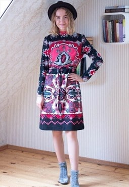 Black and briht pink patterned high neck dress