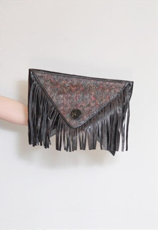 VINTAGE 1980'S LARGE BLACK FRINGED TEXTURED CLUTCH BAG
