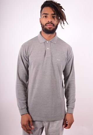 FILA MENS VINTAGE POLO SHIRT LONG SLEEVE MEDIUM GREY 90S