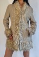 00S AFGHAN BEIGE LEATHER SUEDE & FUR EMBROIDERED COAT