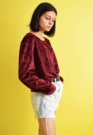 90'S RETRO BURGUNDY GRUNGE SHIMMER CRUSHED VELVET TOP