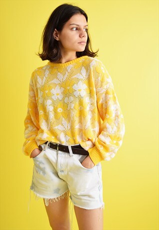80'S RETRO FLORAL PATTERN OVERSIZED KNITTED JUMPER TOP