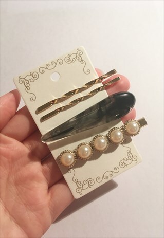 WOMENS SET OF 4 HAIR SLIDES GREY GOLD PEARL HAIR CLIPS