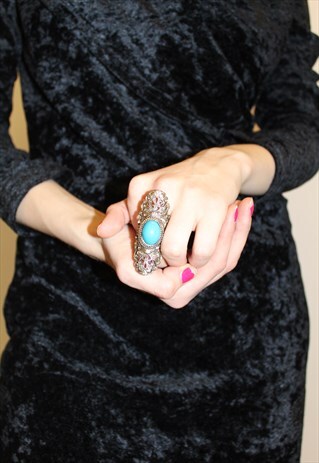 VINTAGE STYLE SILVER DETAILED BLUE DECORATIVE GOTHIC RING