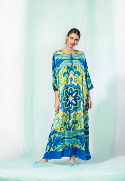 Blue and Green Satin Maxi Kaftan Dress