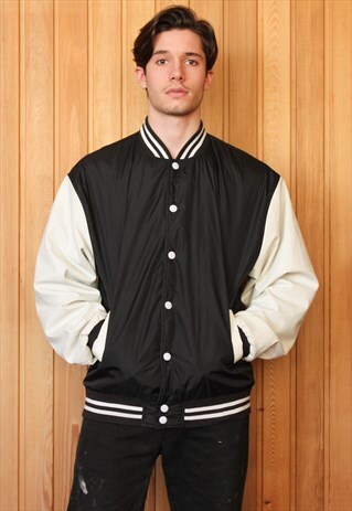 VINTAGE 1980S BLACK AND WHITE BASEBALL JACKET