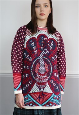 Vintage Abstract Oversized Knitted Peacock Jumper Sweater 