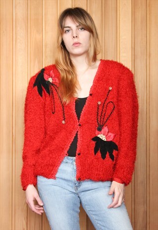 VINTAGE 1980S RED FLORAL PATTERNED CARDIGAN