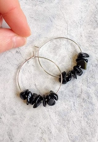 OBSIDIAN GEM STONE HOOP EARRINGS