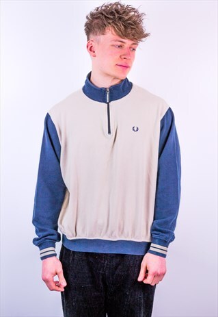 VINTAGE FRED PERRY 1/4 ZIP SWEATSHIRT IN BEIGE & BLUE
