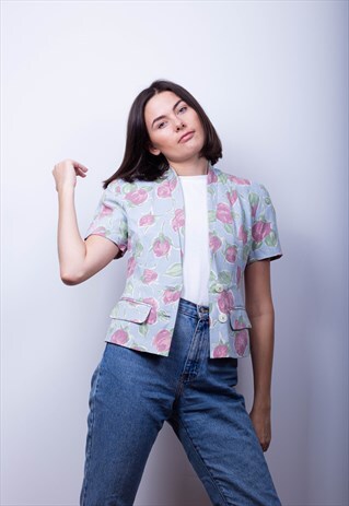 BABY BLUE ROSEBUD SHORT SLEEVE BLAZER JACKET