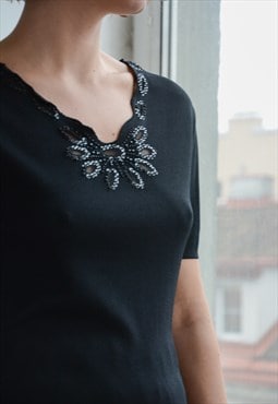 Vintage Black Beaded Front Top