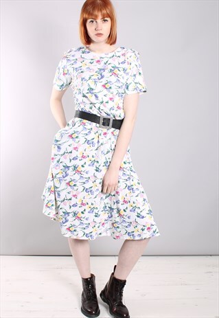 VINTAGE 80S FLORAL PATTERNED MIDI SKATER DRESS