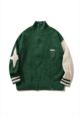 Fleece track jacket fluffy jumper varsity zip up top green