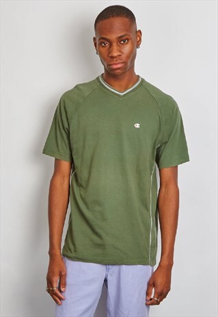VINTAGE 90'S CHAMPION LOGO V NECK KHAKI T-SHIRT