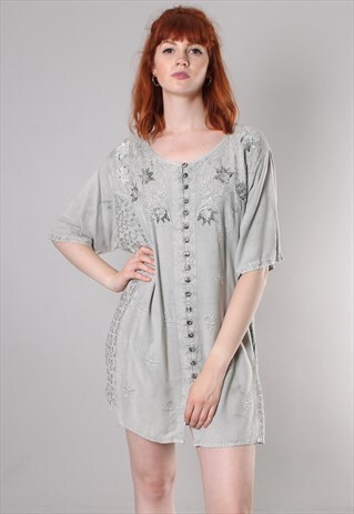 VINTAGE 90S EMBROIDERED TIE BACK TUNIC BUTTON DRESS
